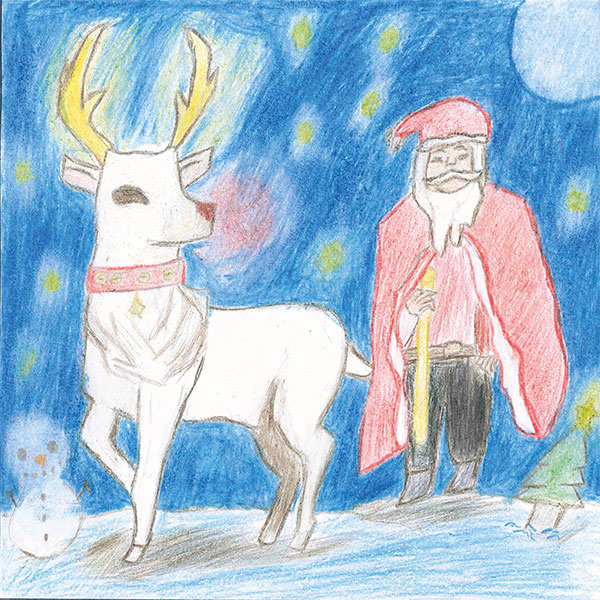 Flourish Education Christmas Card Winner 2022 Father Christmas standing next to Rudolph at night, with rudolph's nose illuminated