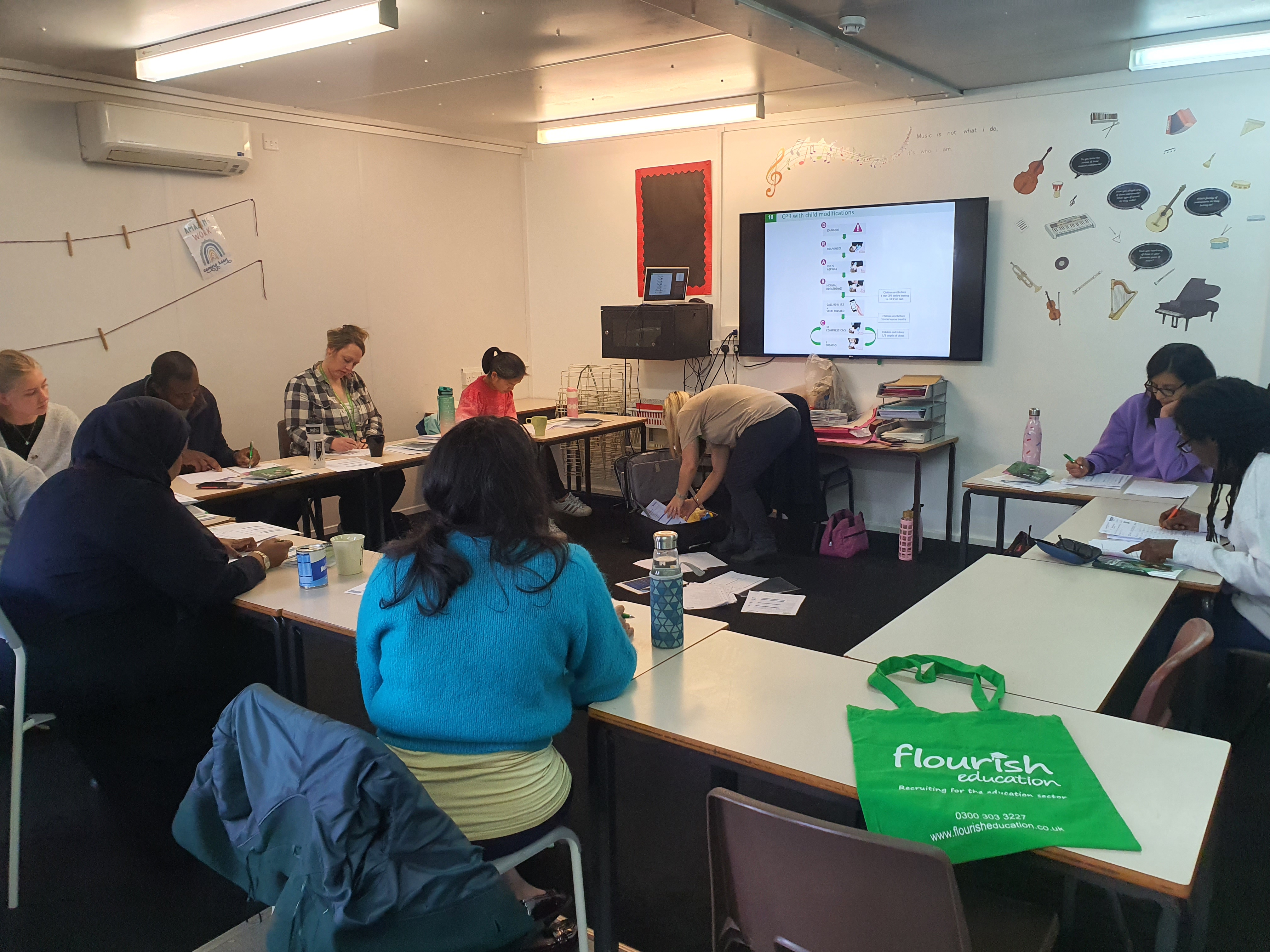 Primary school classroom in Birmingham with a Paediatric First Aid Trainer delivering Level 3 Paediatric First Aid Training to a cohort of Primary School Teachers and Teaching Assistants 